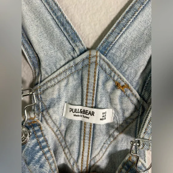 Women’s Pull & Bear Denim Overalls Dungarees Light Blue 100% Cotton Sz Small - Picture 4 of 7